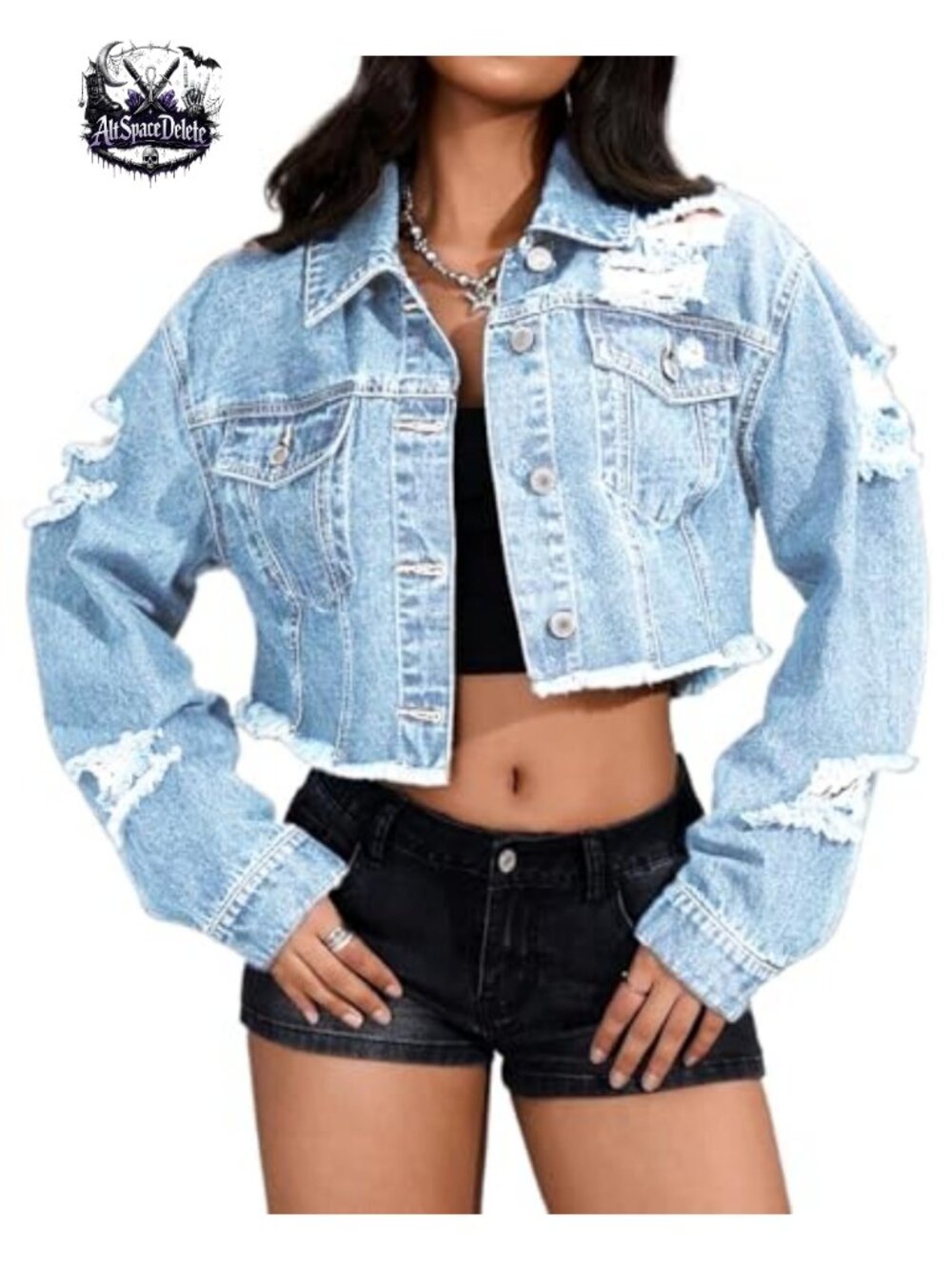 Cropped Ripped Denim Jacket Long Sleeve Casual Jean Jacket for Women